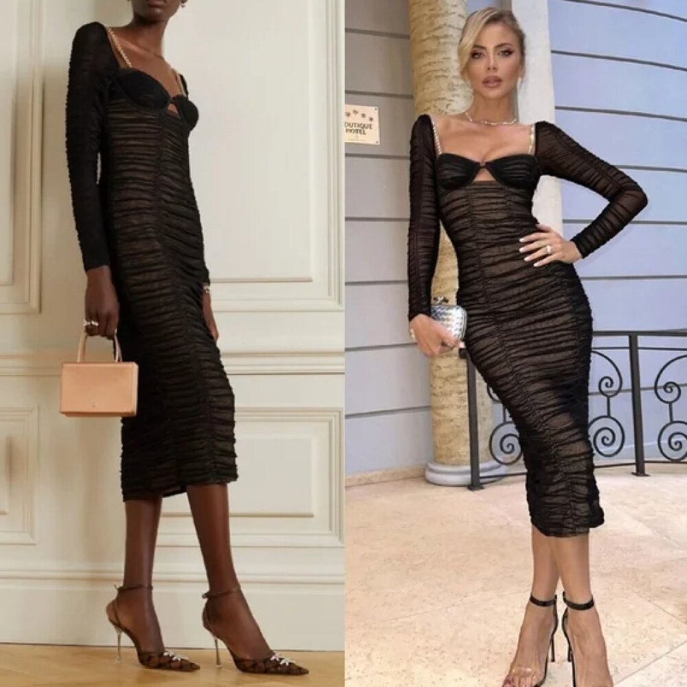 SELF-PORTRAIT Power Mesh Long Sleeve Midi Dress Black Crystal Embellished Cutout